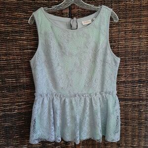 Anthropologie Deletta Beatrice Lace Overlay Peplum Top Medium Gray Aqua Fairy